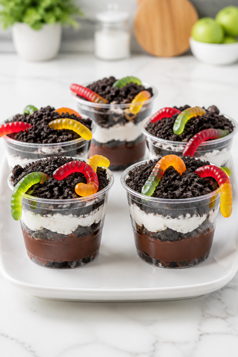 Creepy Crawly Dirt And Gummy Worm Halloween Dessert