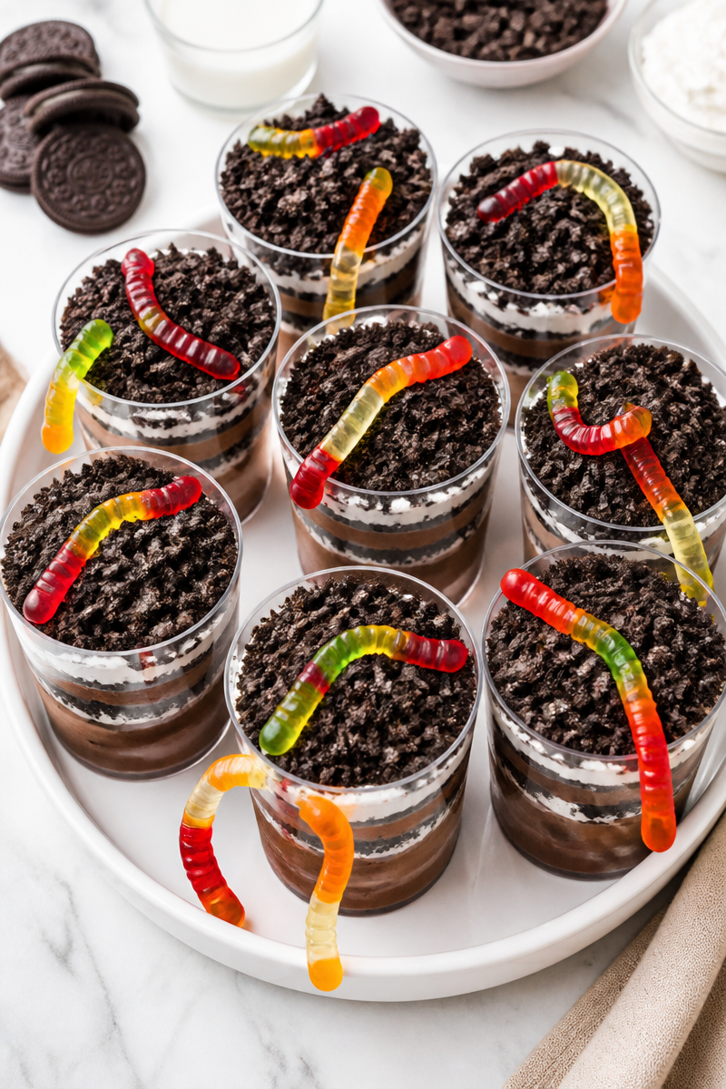Creepy Crawly Dirt And Gummy Worm Halloween Dessert