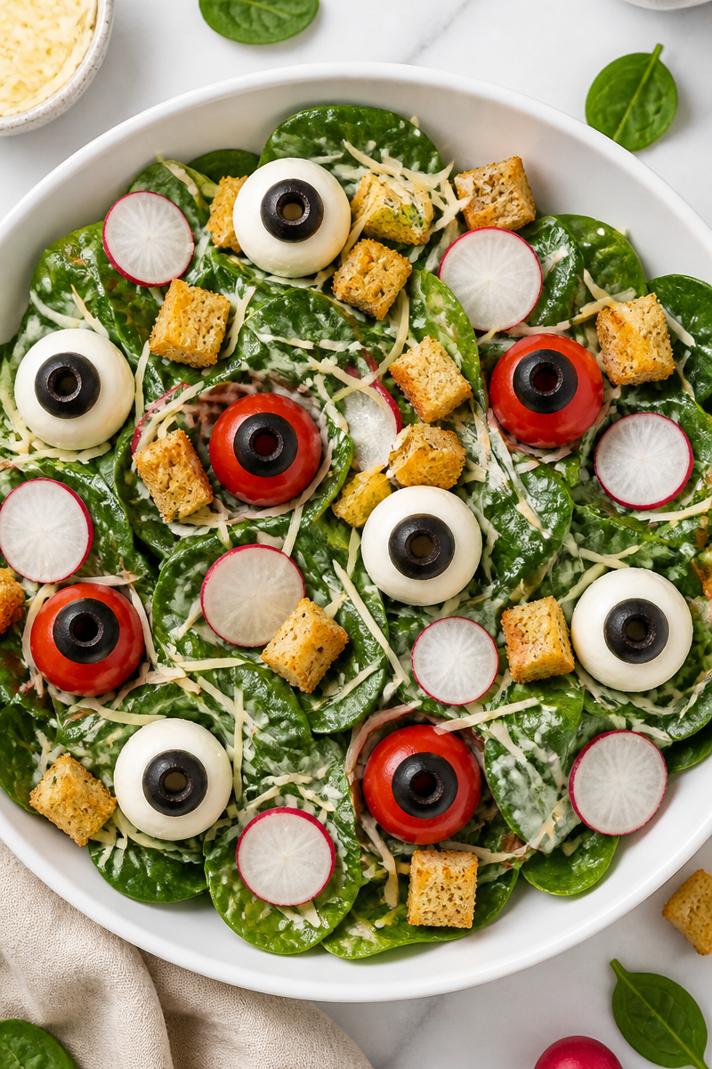 Creepy Eyeball Spinach Caesar Salad Creepy Eyeball Spinach Caesar Salad