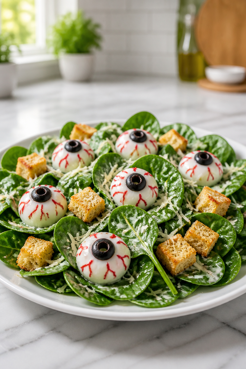 Creepy Eyeball Spinach Caesar Salad Creepy Eyeball Spinach Caesar Salad