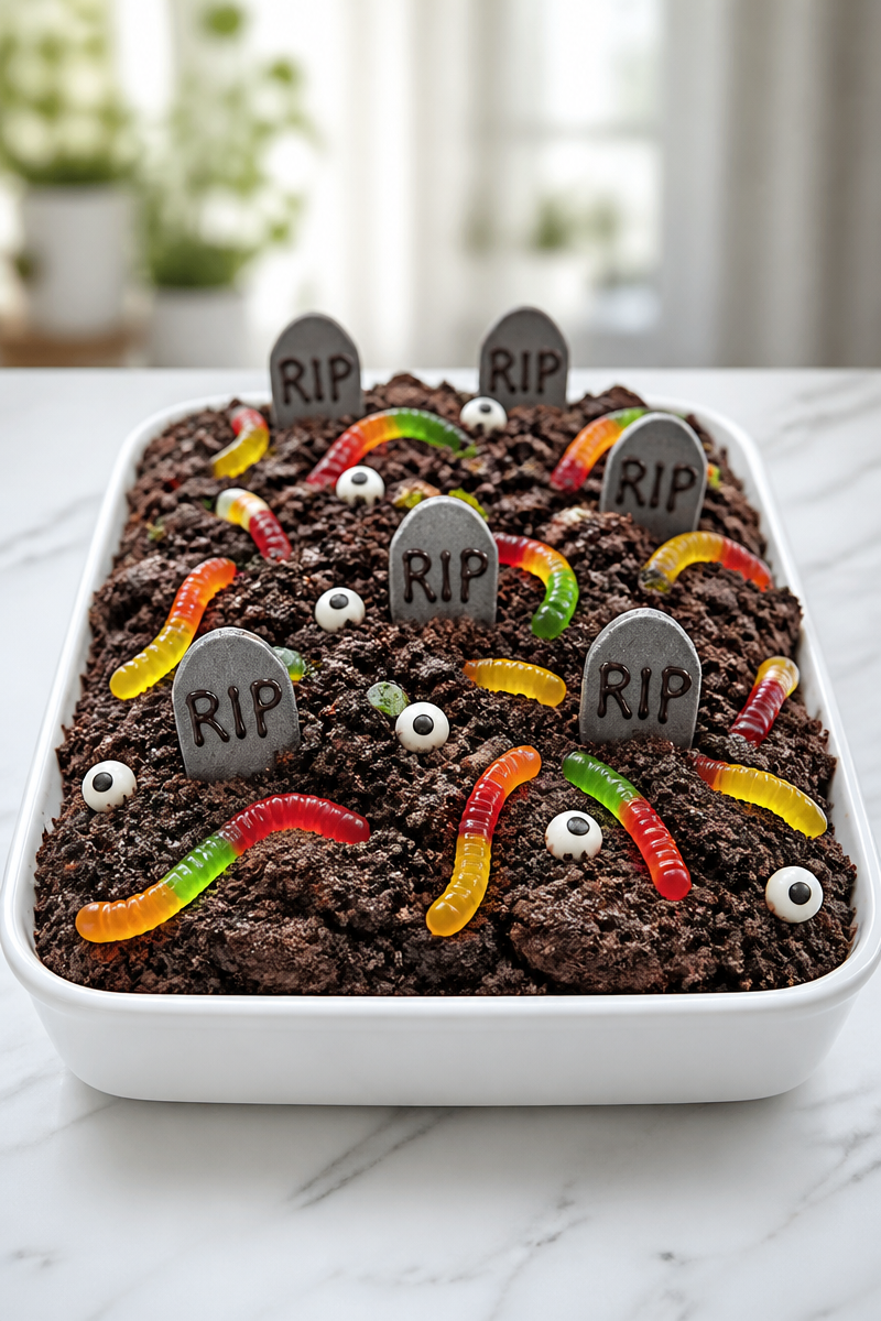 Creepy Graveyard Dirt And Worm Halloween Brownie