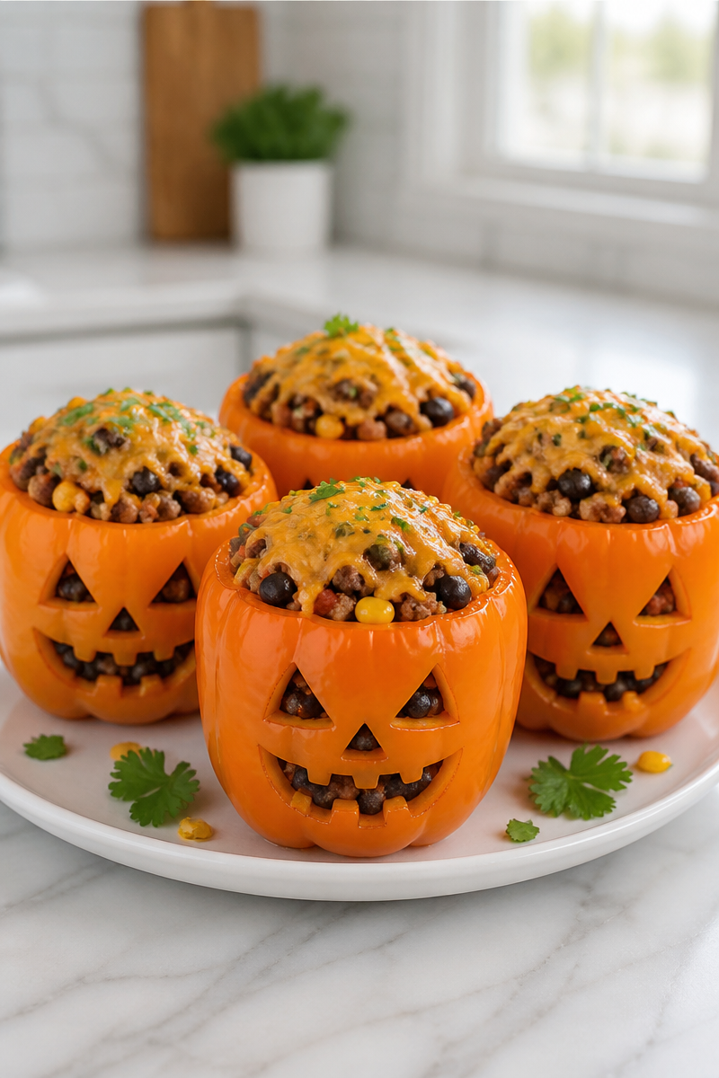 Creepy Jack O Lantern Stuffed Bell Pepper Halloween Dinner