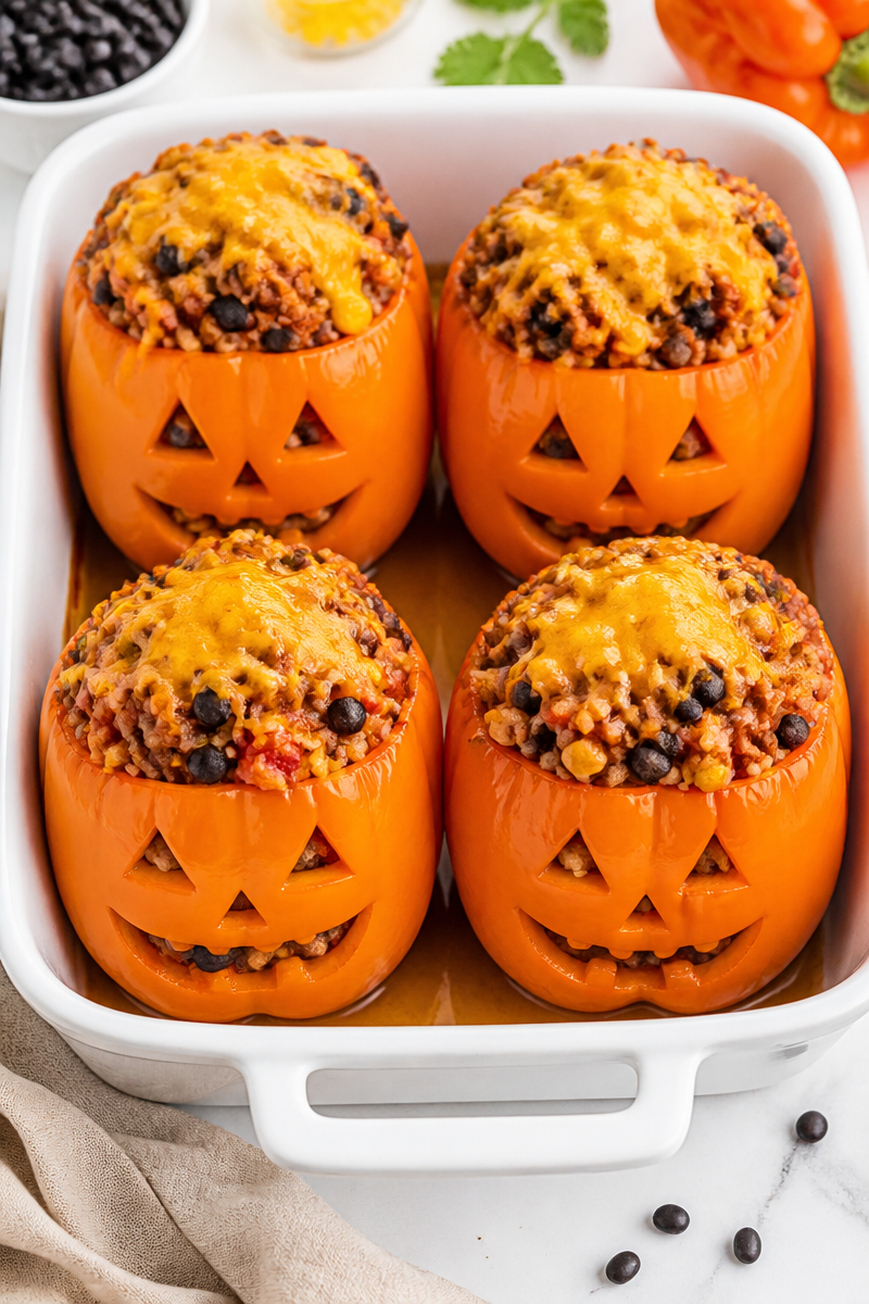 Creepy Jack O Lantern Stuffed Bell Pepper Halloween Dinner