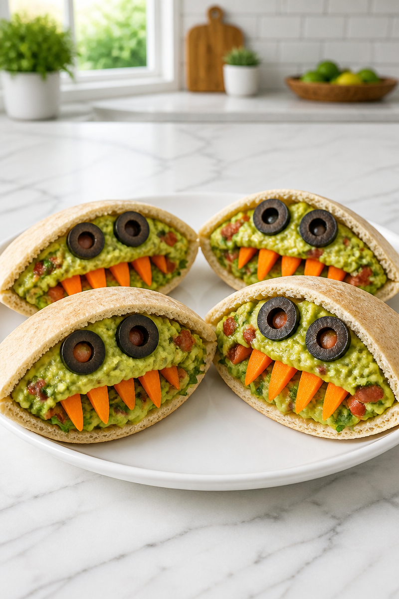 Creepy Monster Face Guacamole Stuffed Pita Halloween Appetizer Creepy Monster Face Guacamole Stuffed Pita Halloween Appetizer