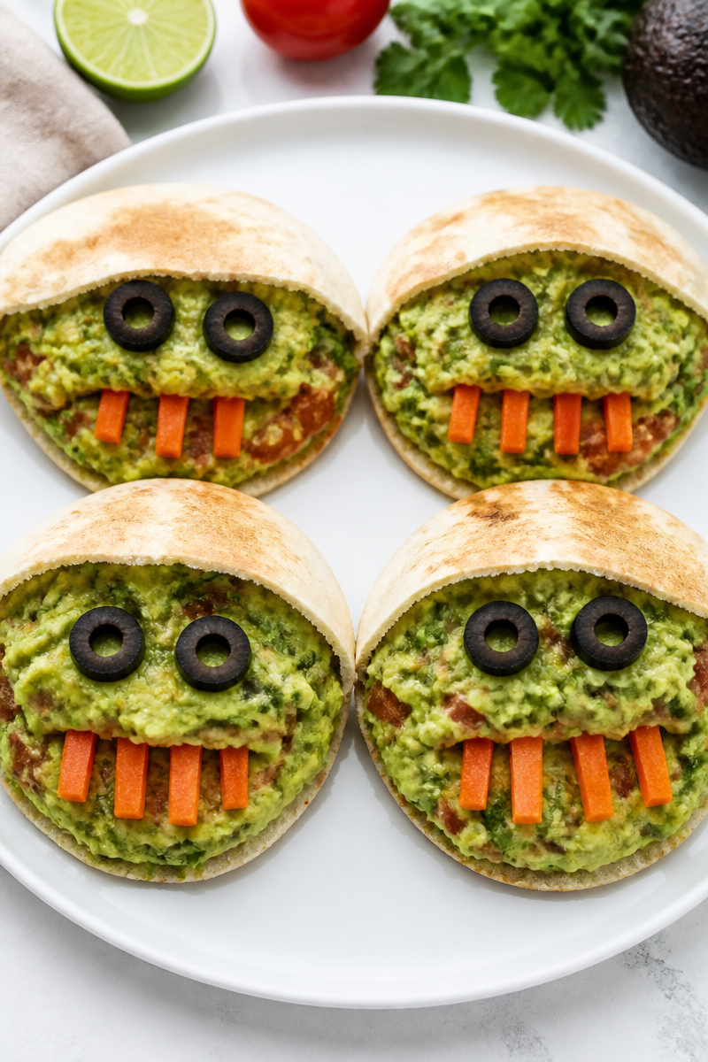 Creepy Monster Face Guacamole Stuffed Pita Halloween Appetizer Creepy Monster Face Guacamole Stuffed Pita Halloween Appetizer