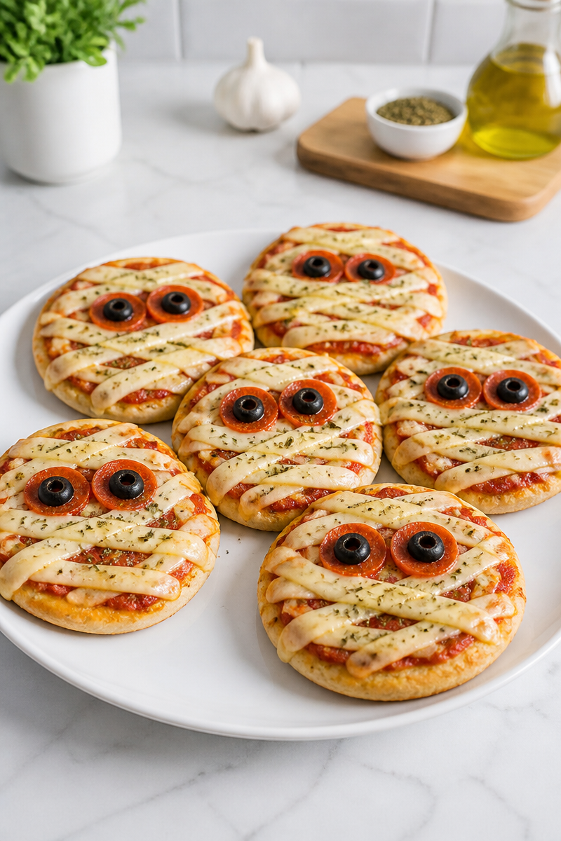 Creepy Mummy Face Mini Halal Pepperoni Halloween Pizza Creepy Mummy Face Mini Halal Pepperoni Halloween Pizza
