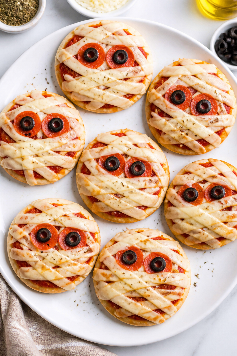Creepy Mummy Face Mini Halal Pepperoni Halloween Pizza Creepy Mummy Face Mini Halal Pepperoni Halloween Pizza