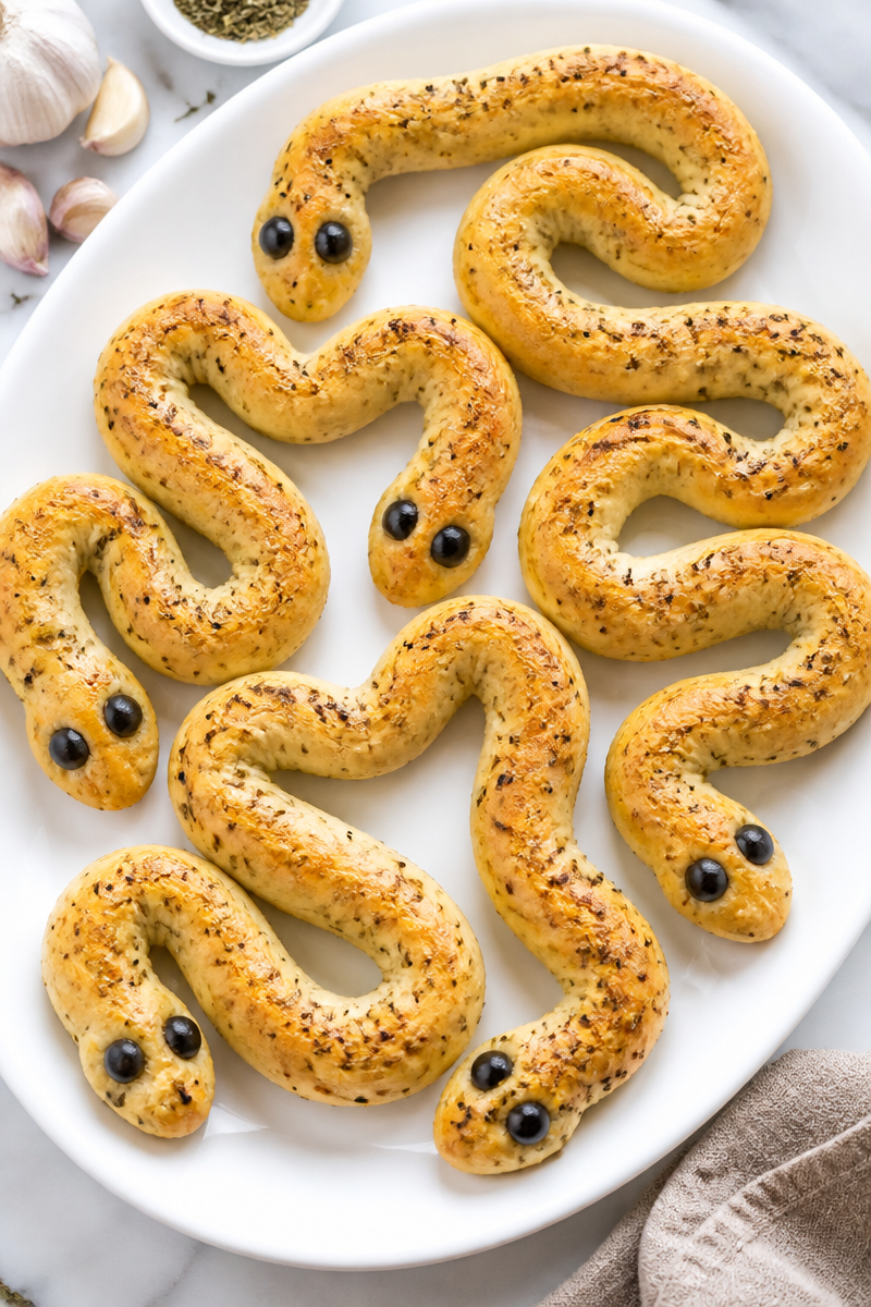 Creepy Snake Shaped Garlic Breadstick Appetizer