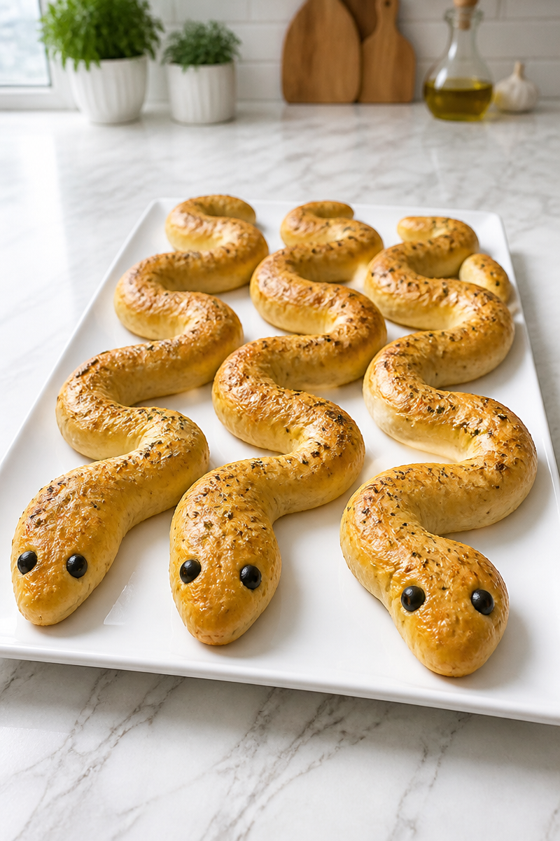 Creepy Snake Shaped Garlic Breadstick Appetizer