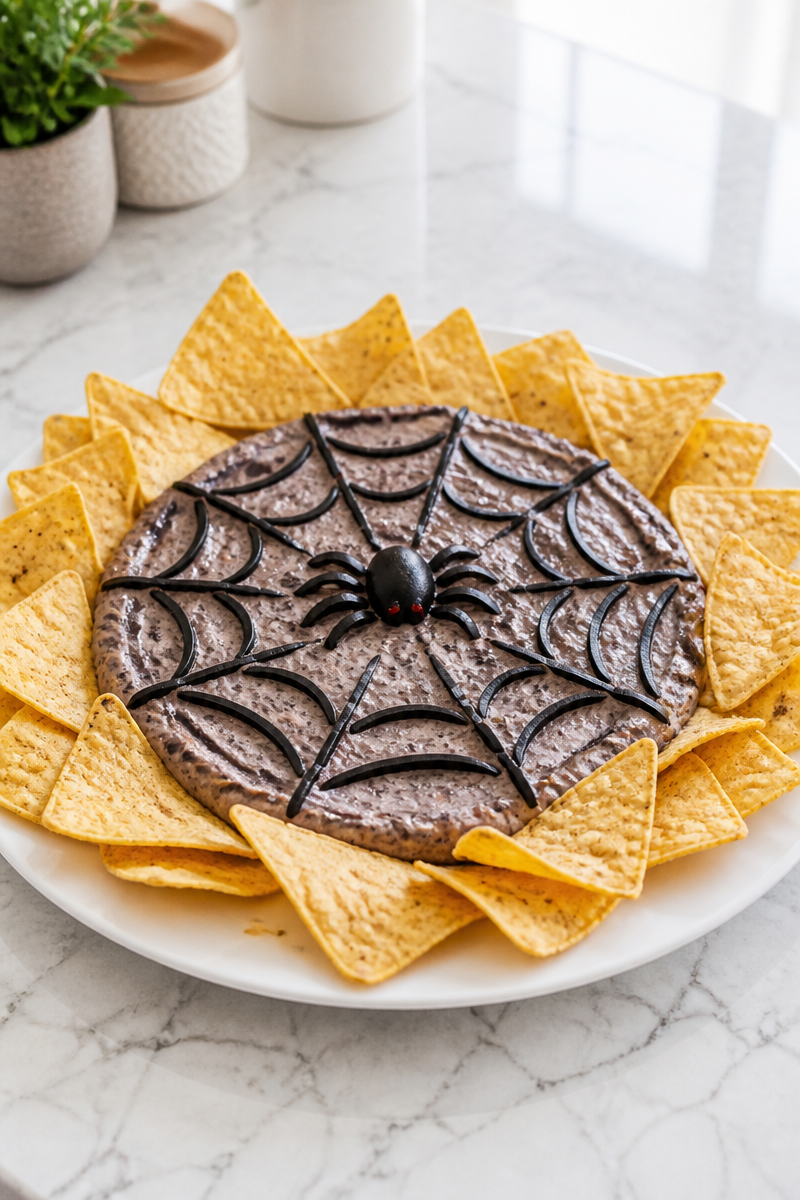 Creepy Spider Web Black Bean Dip Appetizer
