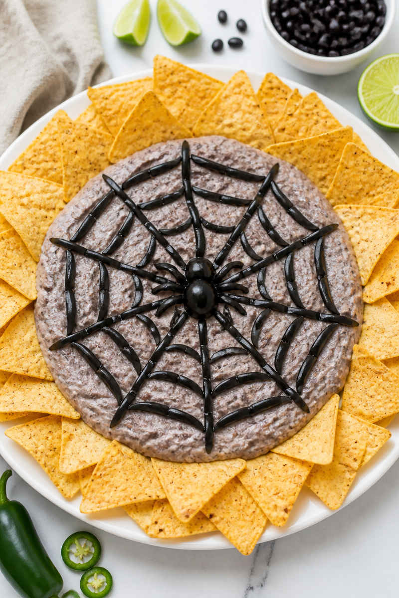 Creepy Spider Web Black Bean Dip Appetizer