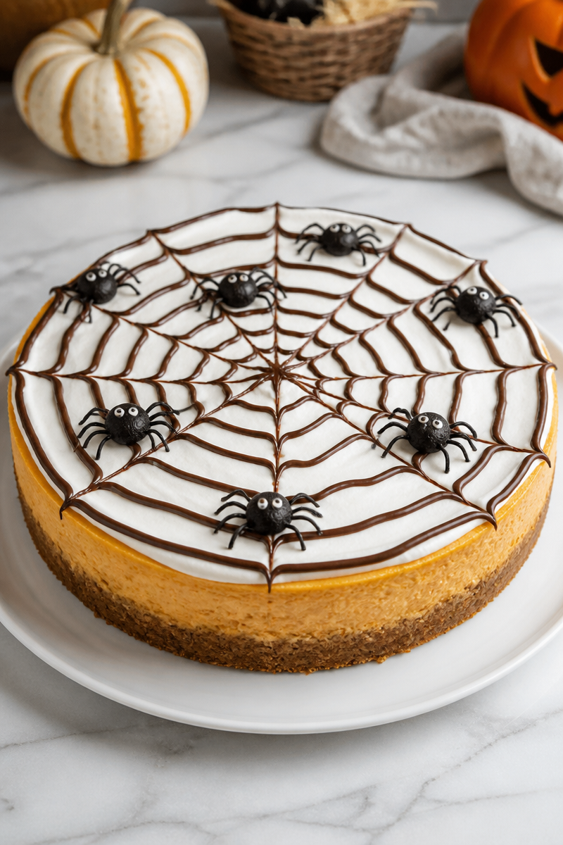 Creepy Spider Web Topped Pumpkin Cheesecake Halloween Dessert Creepy Spider Web Topped Pumpkin Cheesecake Halloween Dessert