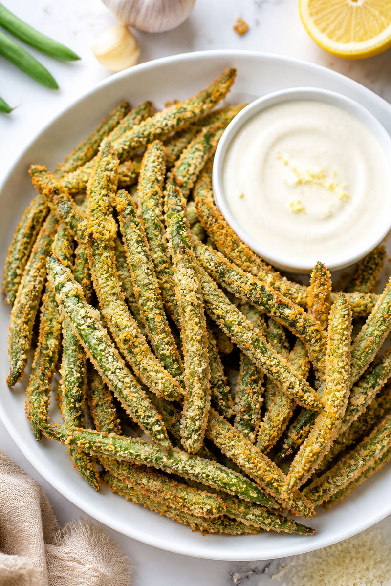 Crispy Baked Green Bean Fries with Garlic Aioli