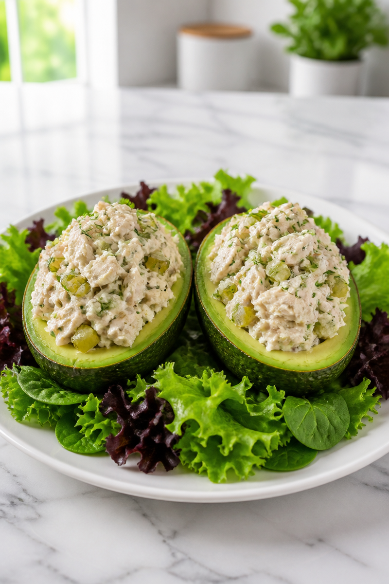 Dill Pickle Chicken Salad Stuffed Avocado Bowl Dill Pickle Chicken Salad Stuffed Avocado Bowl