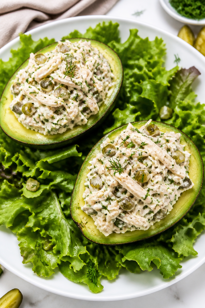Dill Pickle Chicken Salad Stuffed Avocado Bowl Dill Pickle Chicken Salad Stuffed Avocado Bowl