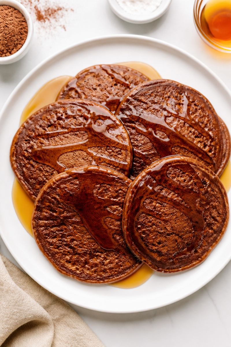 Fluffy Chocolate Pancakes with Maple Syrup Drizzle Fluffy Chocolate Pancakes with Maple Syrup Drizzle