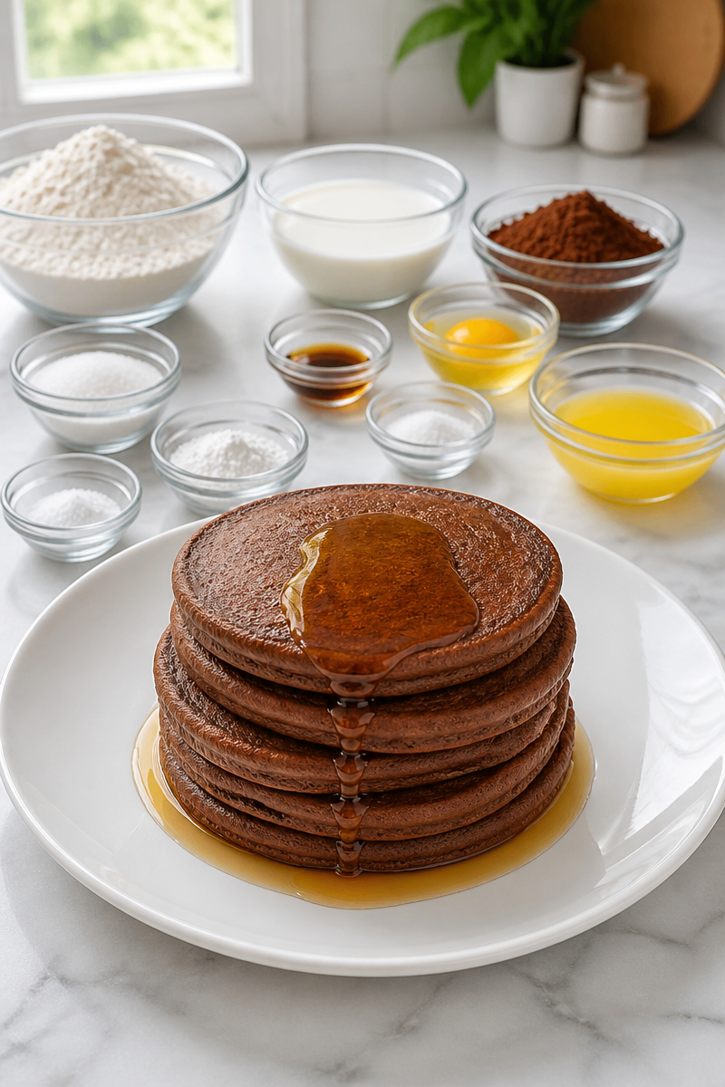 Fluffy Chocolate Pancakes with Maple Syrup Drizzle Fluffy Chocolate Pancakes with Maple Syrup Drizzle
