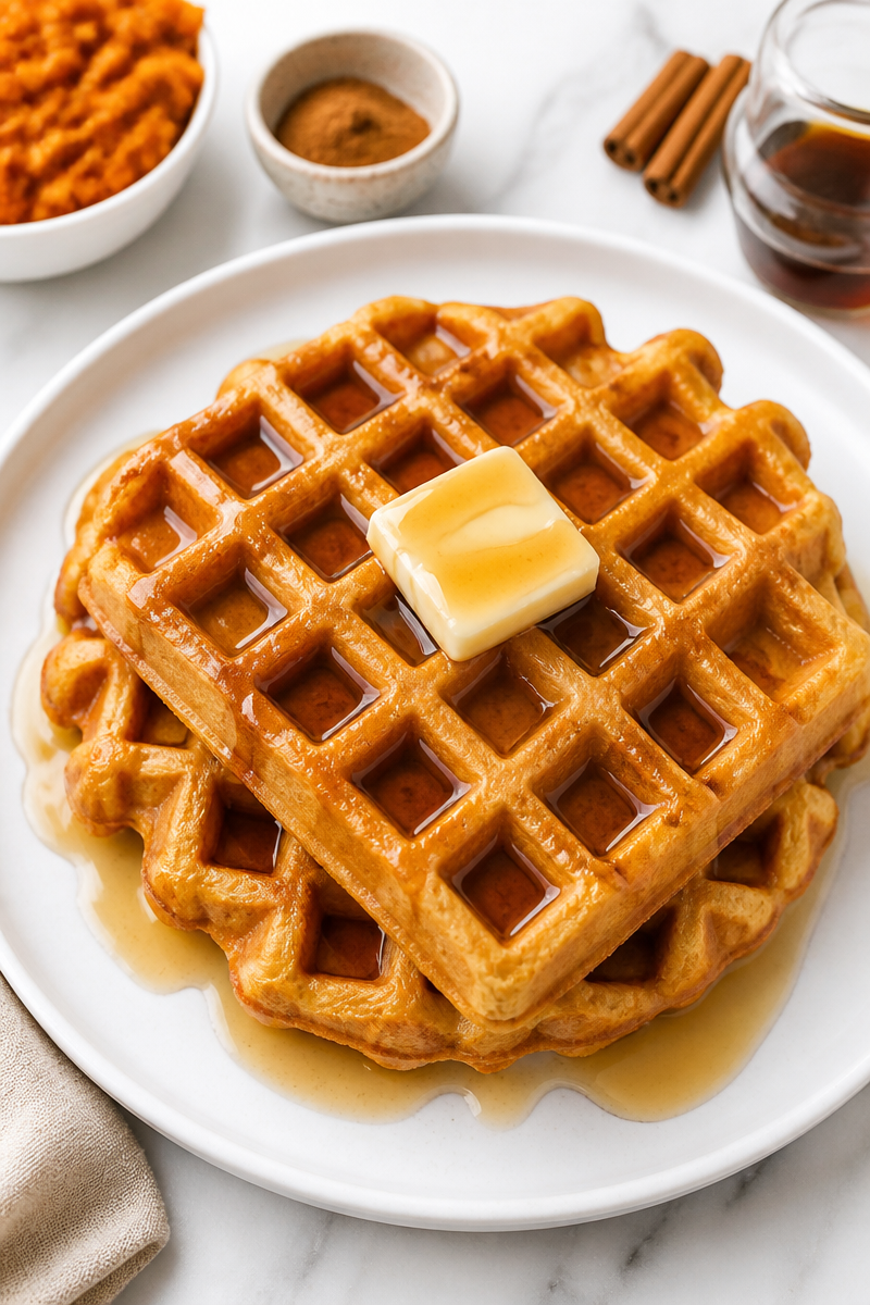 Fluffy Pumpkin Spice Waffles with Maple Syrup