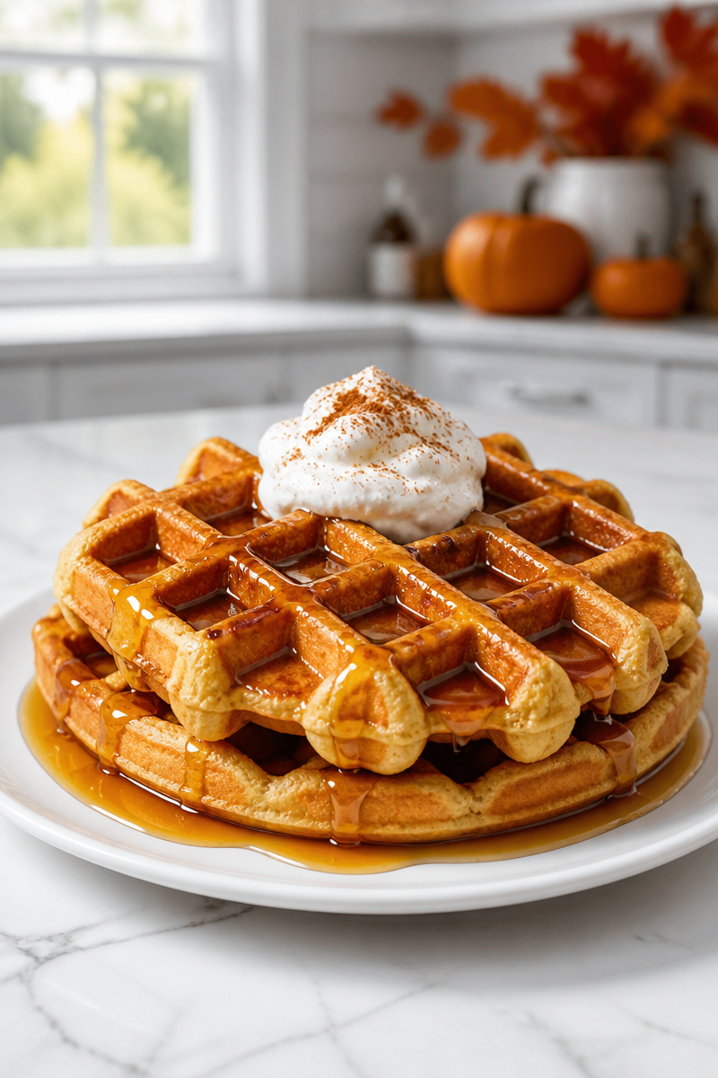 Fluffy Pumpkin Spice Waffles with Maple Syrup