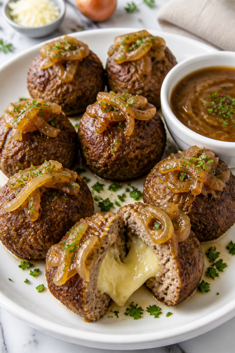 French Onion Soup Stuffed Meatball French Onion Soup Stuffed Meatball