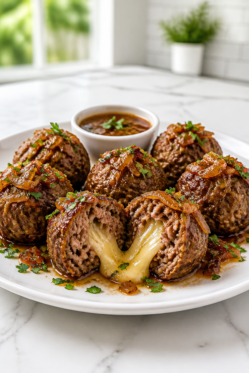 French Onion Soup Stuffed Meatball French Onion Soup Stuffed Meatball