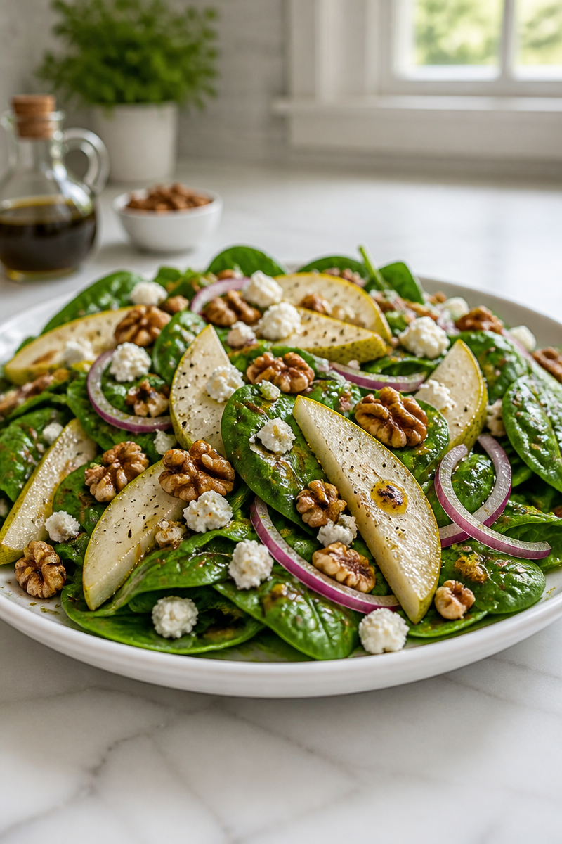 Fresh Pear And Walnut Goat Cheese Spinach Salad