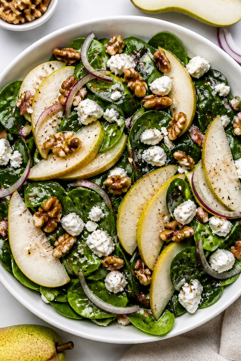 Fresh Pear And Walnut Goat Cheese Spinach Salad