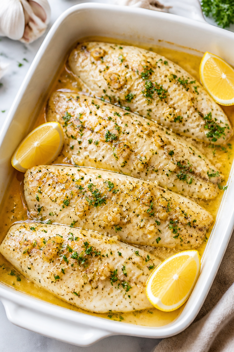 Garlic Butter Baked Flounder with Lemon