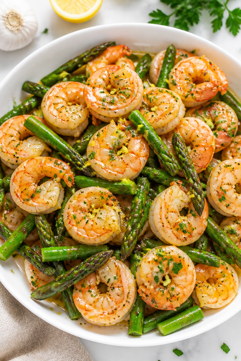 Garlic Butter Shrimp with Asparagus and Lemon