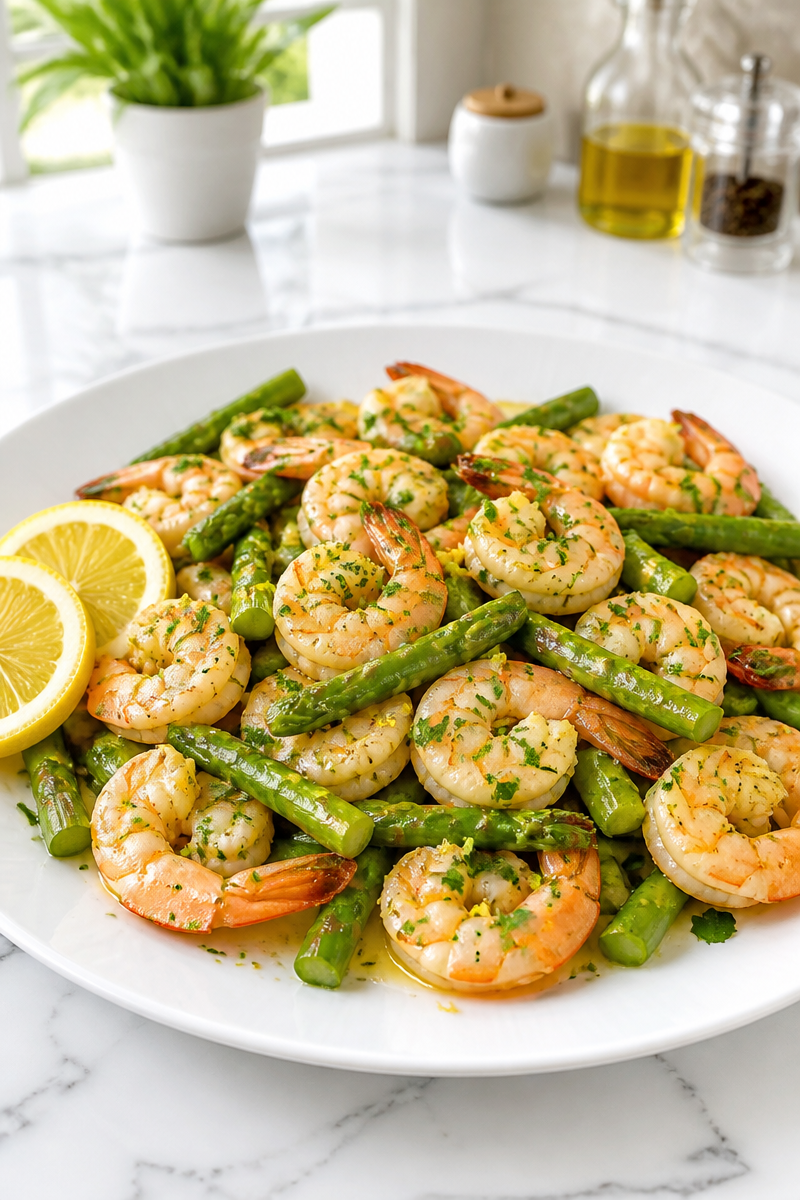 Garlic Butter Shrimp with Asparagus and Lemon
