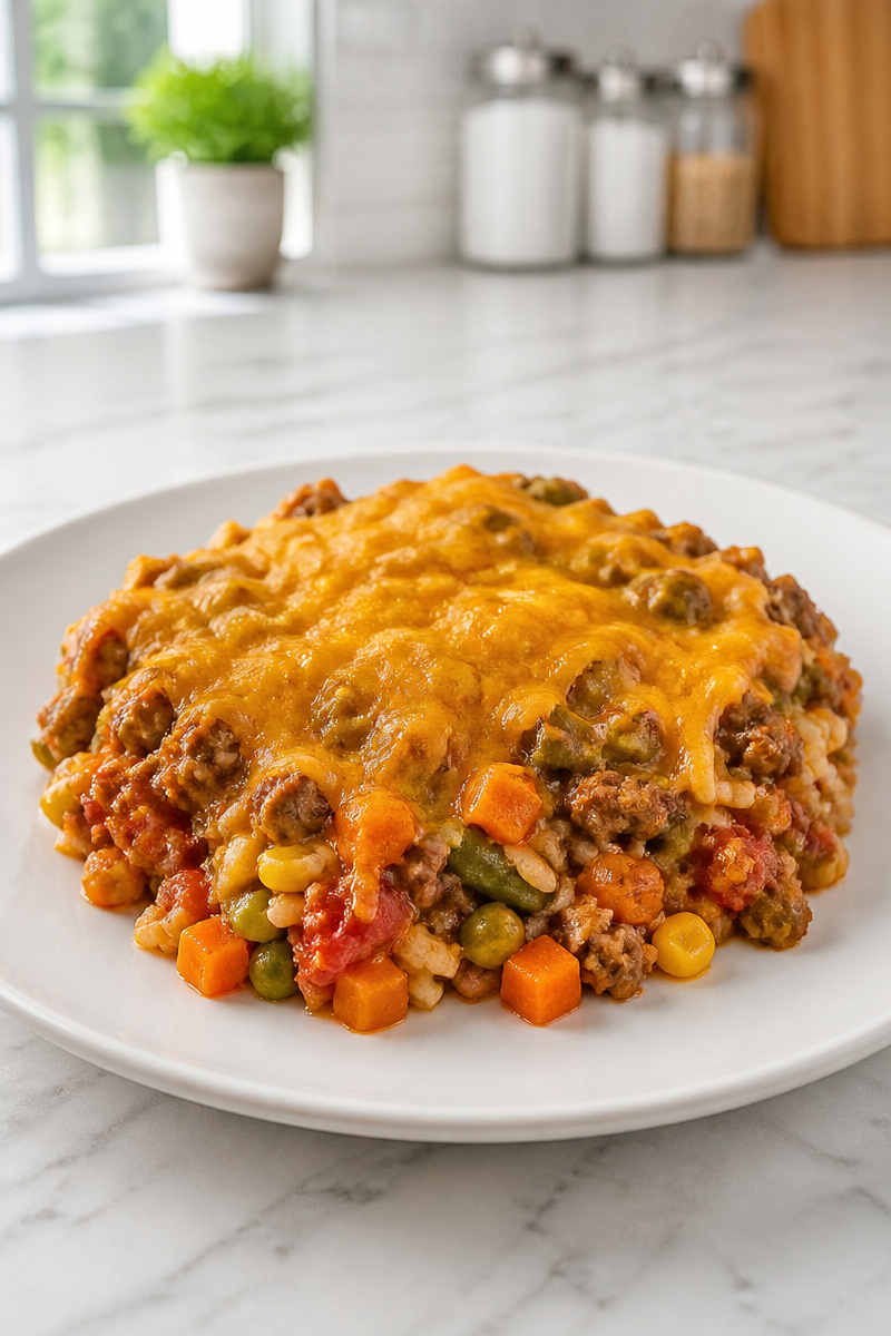 Ground Beef and Vegetable Casserole with Cheddar
