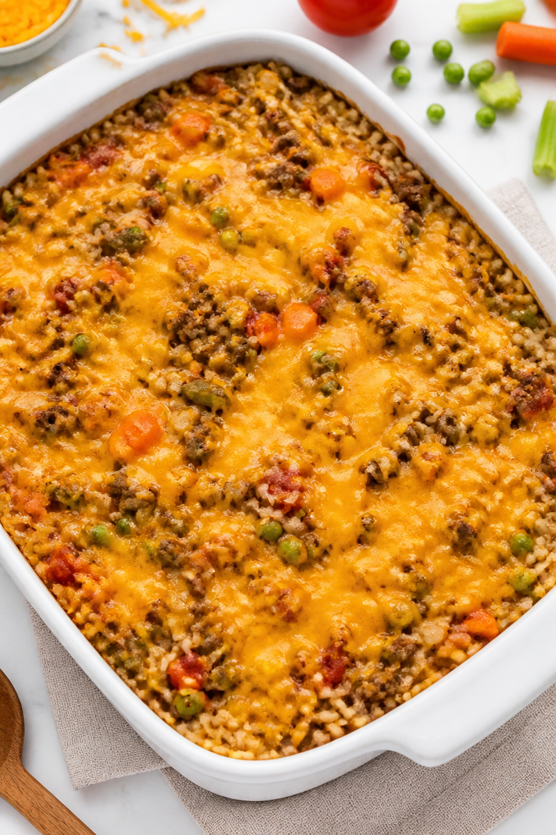 Ground Beef and Vegetable Casserole with Cheddar