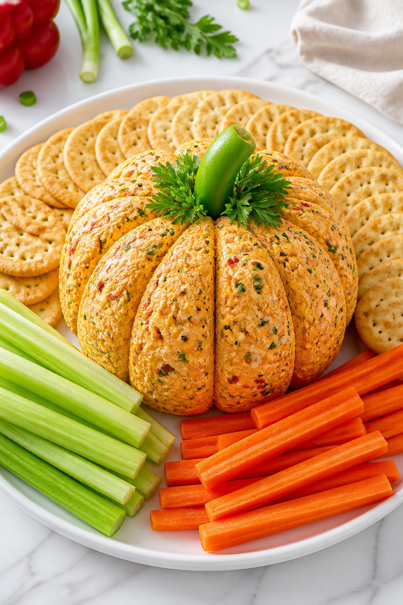 Halloween Pumpkin Shaped Cheese Ball Halloween Pumpkin Shaped Cheese Ball