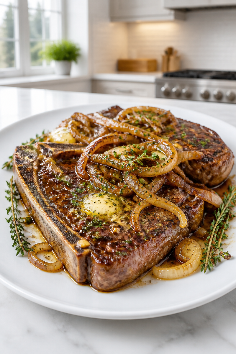 Juicy Garlic Butter T-Bone Steak with Roasted Onions