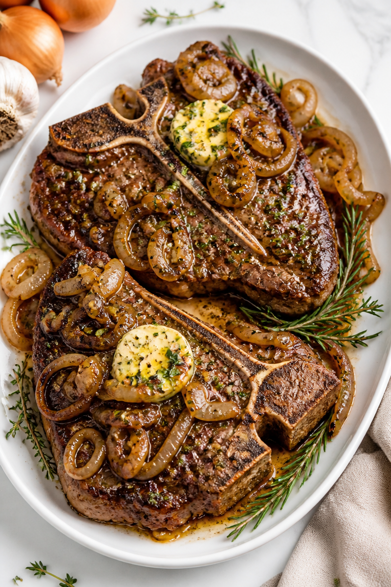 Juicy Garlic Butter T-Bone Steak with Roasted Onions