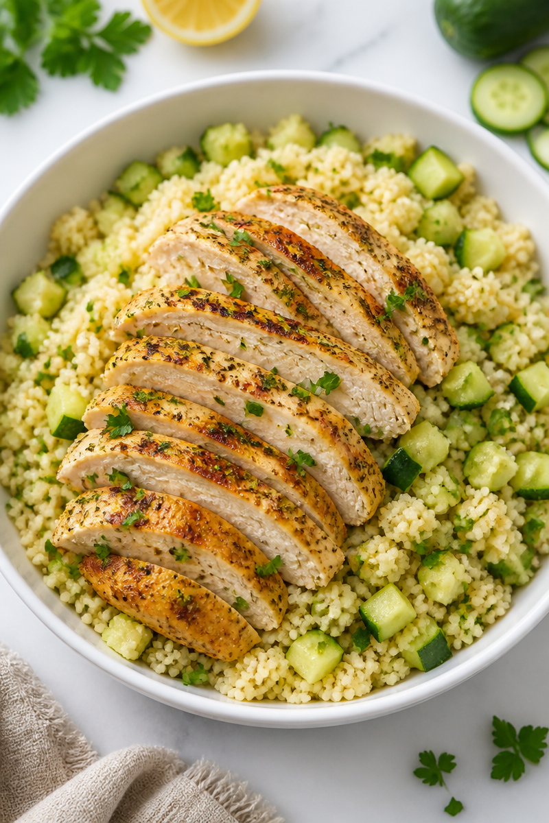 Lemon Herb Chicken Couscous Bowl with Cucumber Lemon Herb Chicken Couscous Bowl with Cucumber