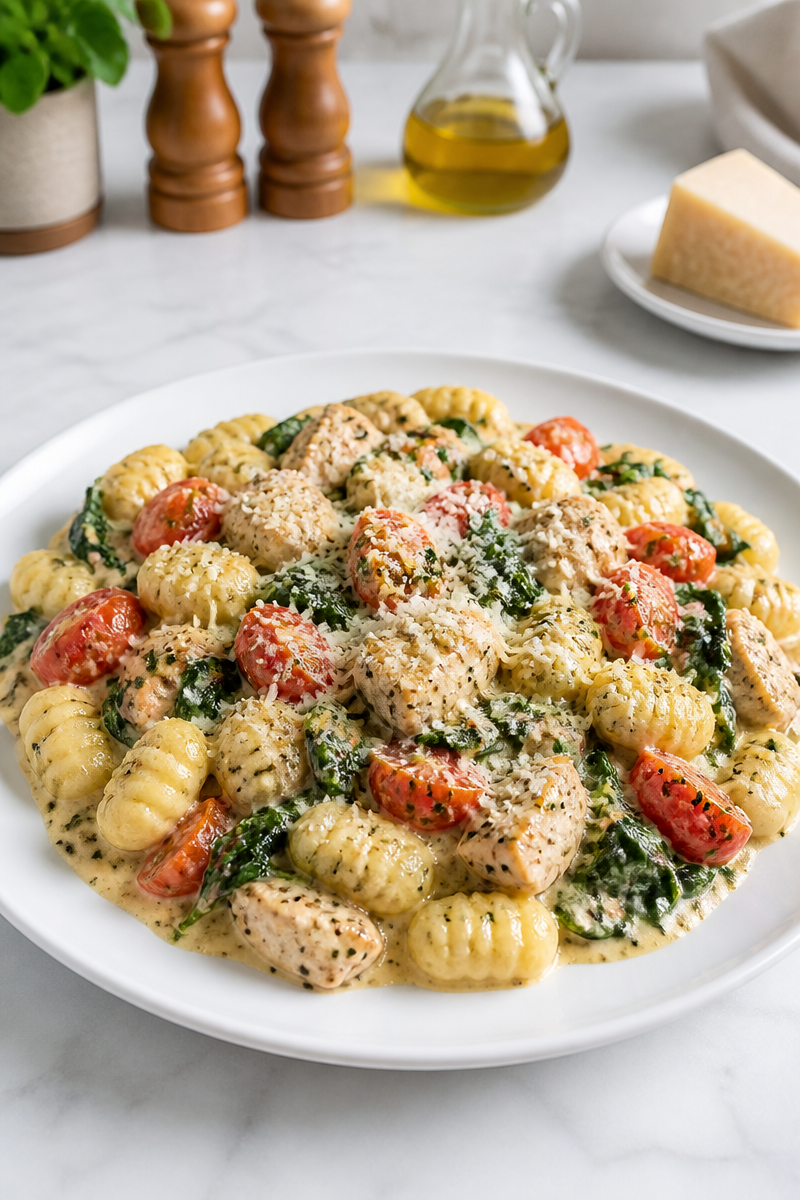 One-Pot Creamy Tuscan Chicken and Gnocchi Skillet