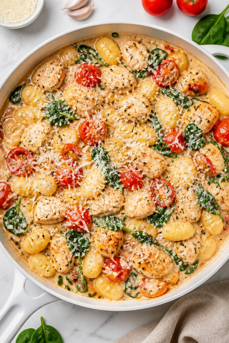 One-Pot Creamy Tuscan Chicken and Gnocchi Skillet