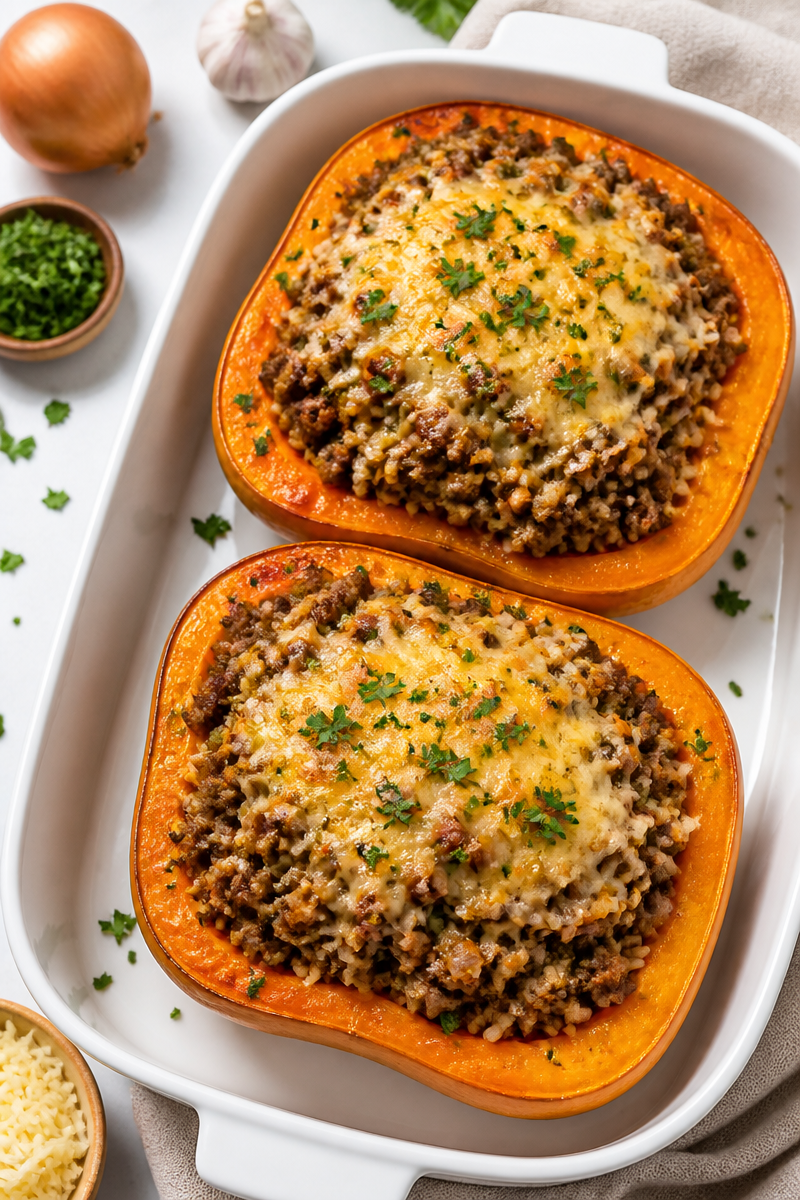 Savory Ground Beef Stuffed Butternut Squash Dinner