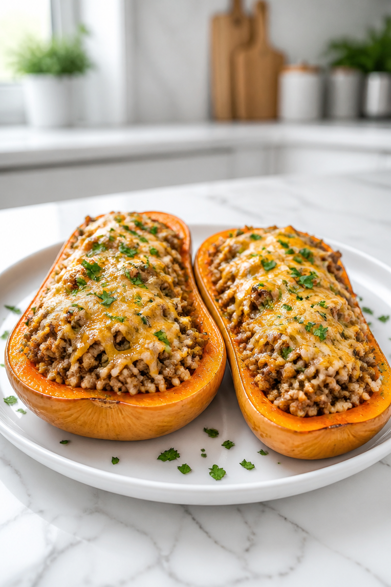 Savory Ground Beef Stuffed Butternut Squash Dinner