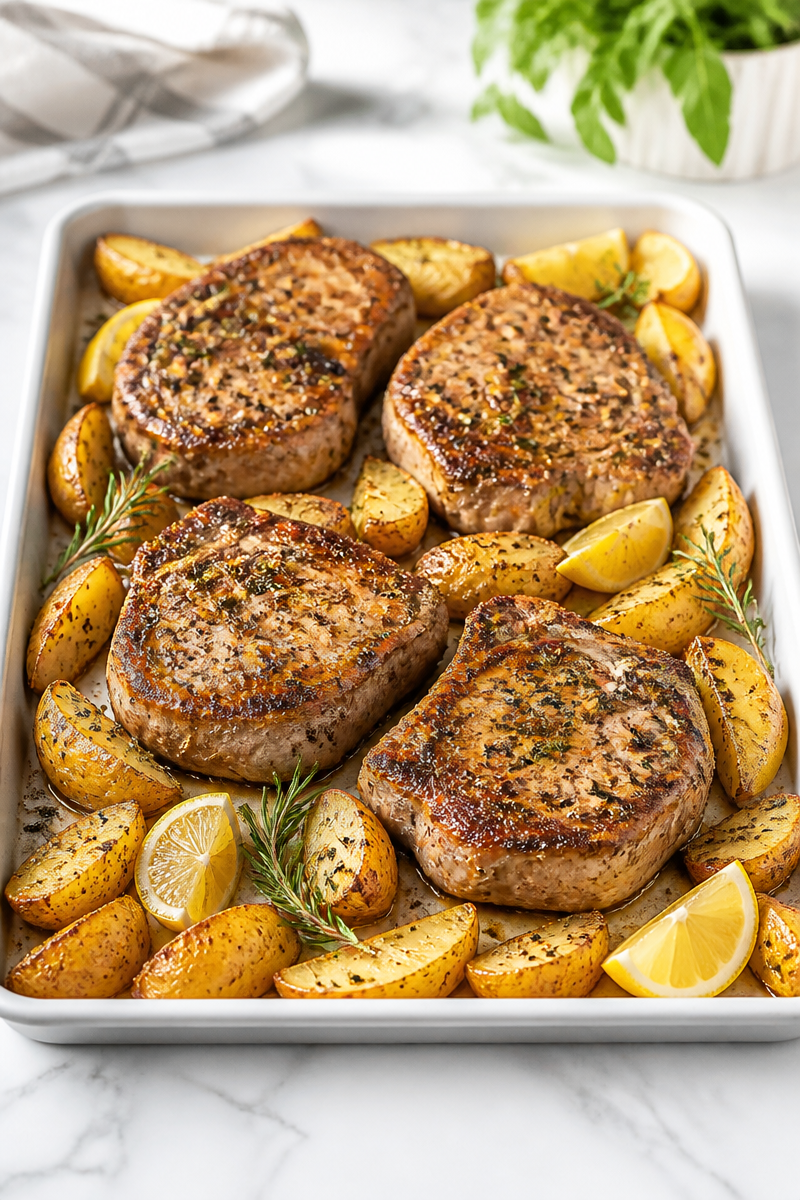 Sheet Pan Garlic Herb Pork Chop and Potato Wedge Sheet Pan Garlic Herb Pork Chop and Potato Wedge