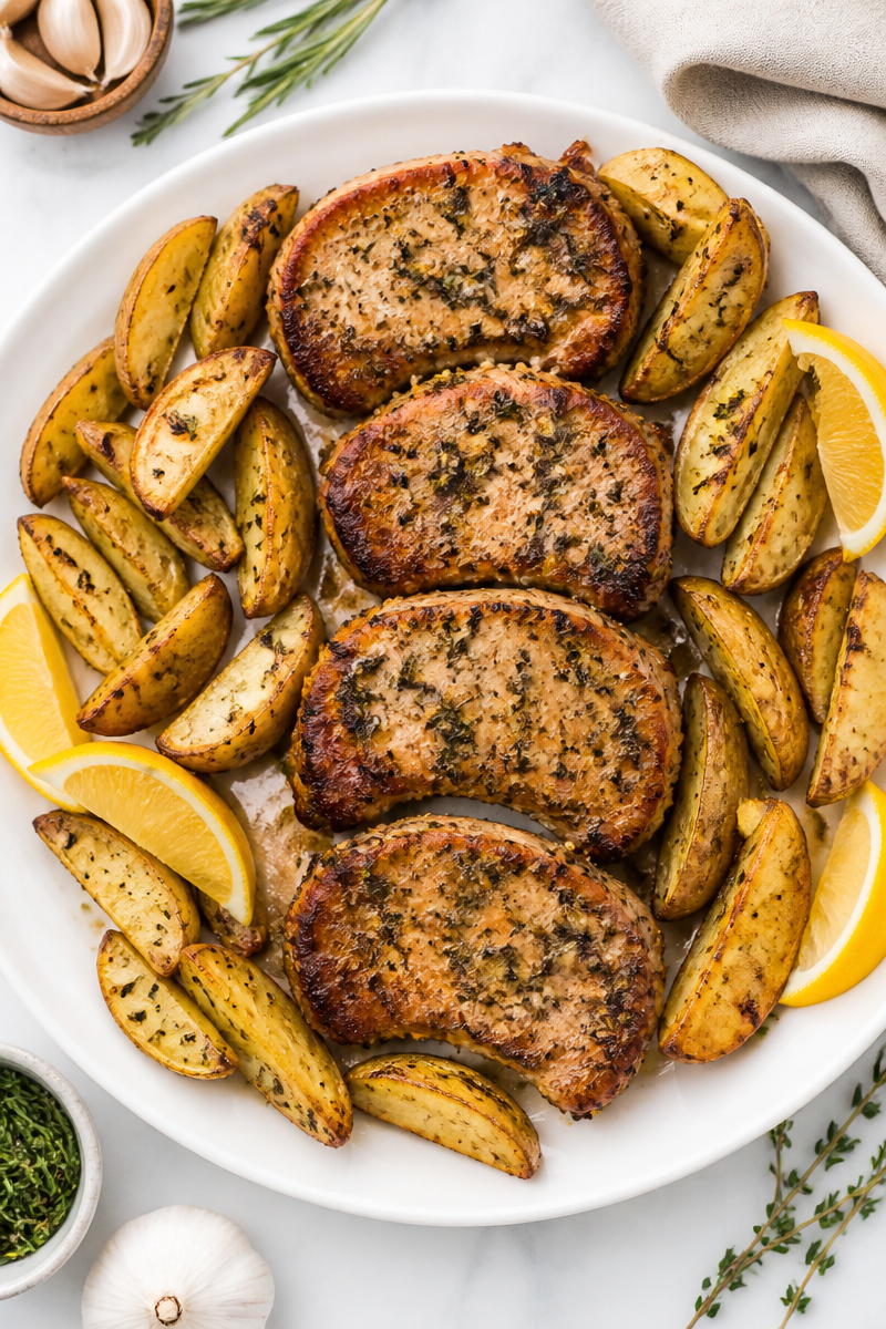 Sheet Pan Garlic Herb Pork Chop and Potato Wedge Sheet Pan Garlic Herb Pork Chop and Potato Wedge