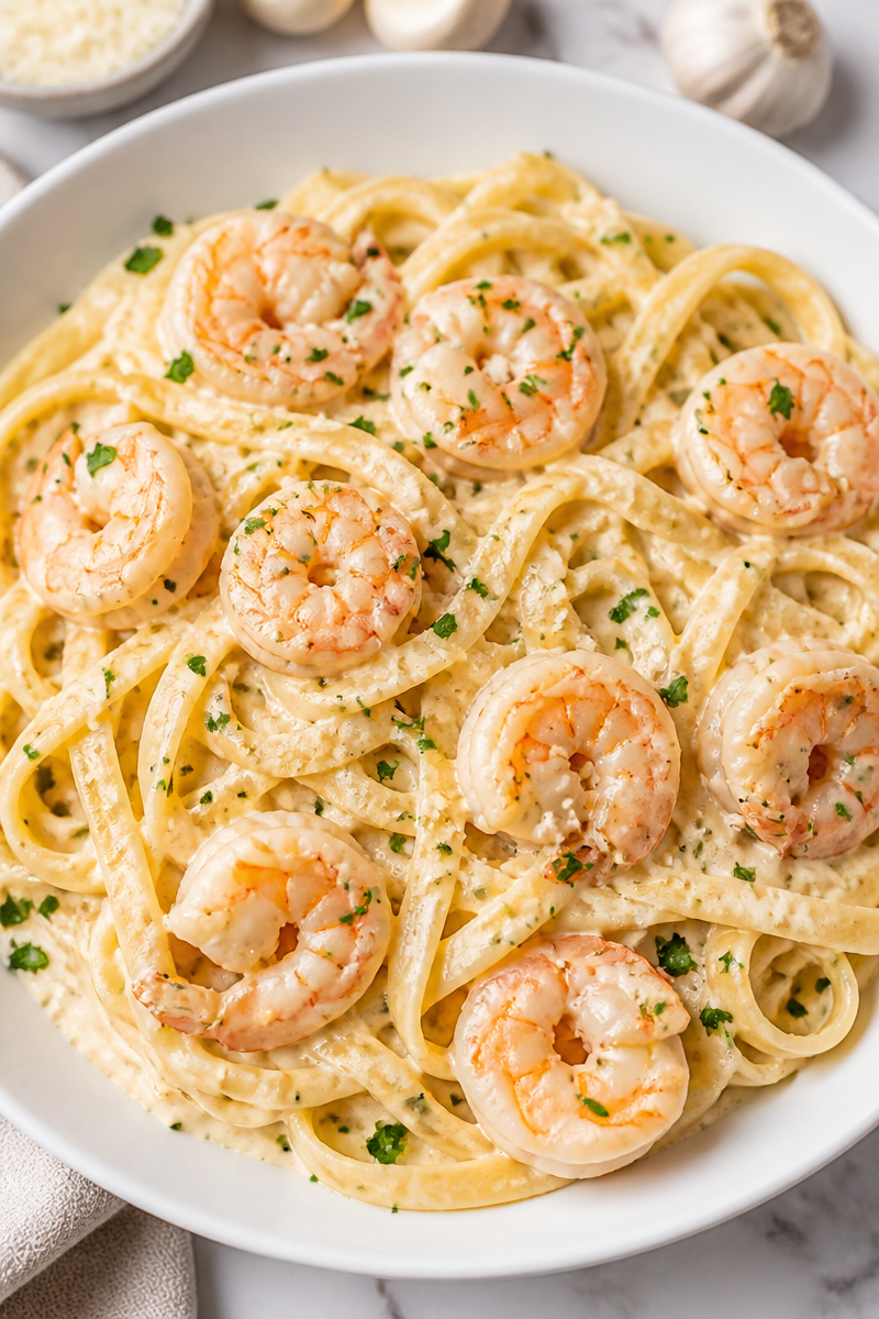 Shrimp Fettuccine Alfredo with Roasted Garlic Shrimp Fettuccine Alfredo with Roasted Garlic