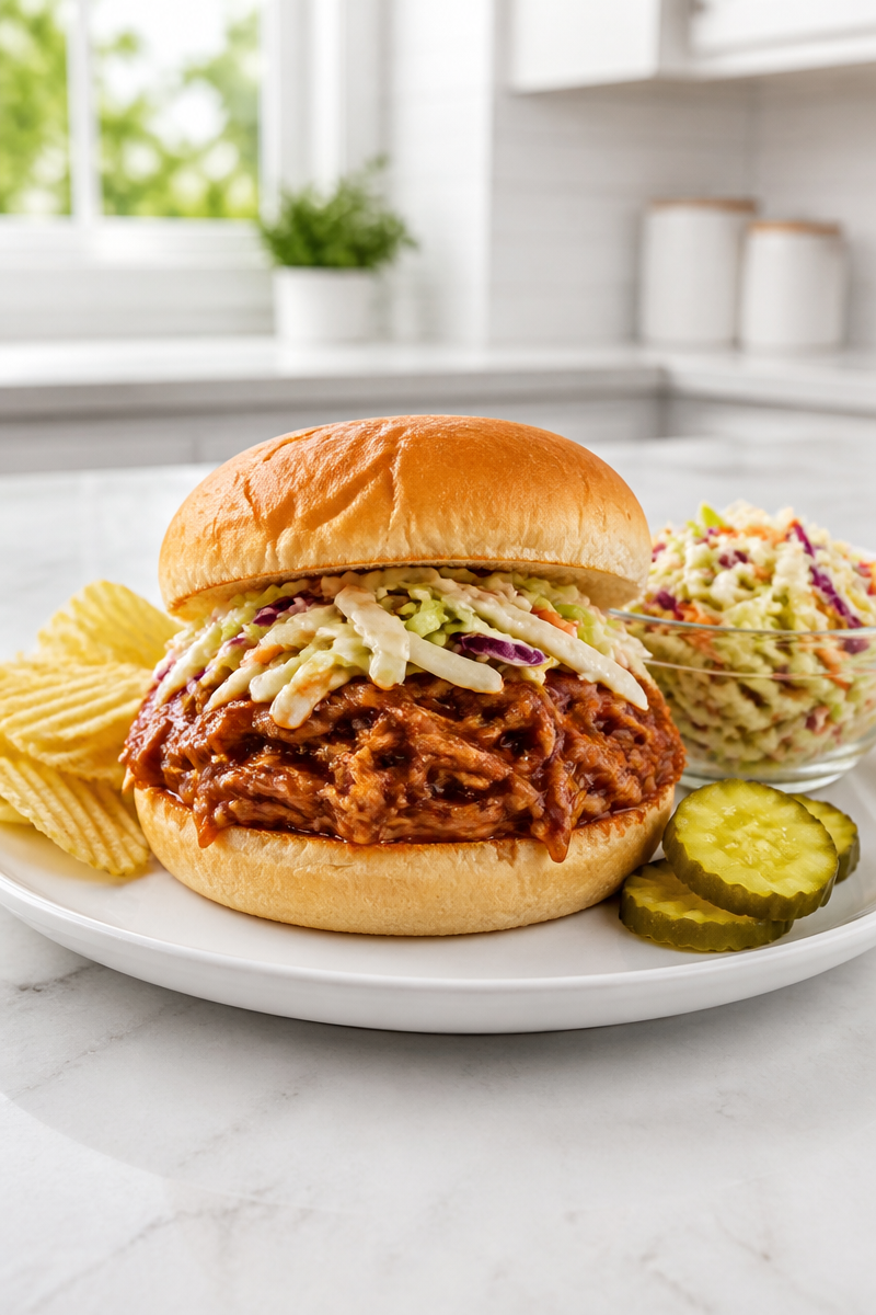Slow Cooker Pulled BBQ Chicken Sandwich