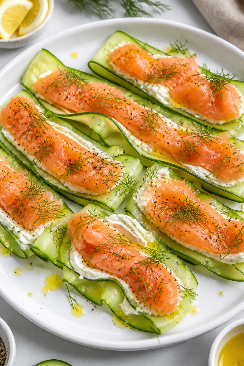 Smoked Salmon and Cucumber Ribbon Salad with Cream Cheese