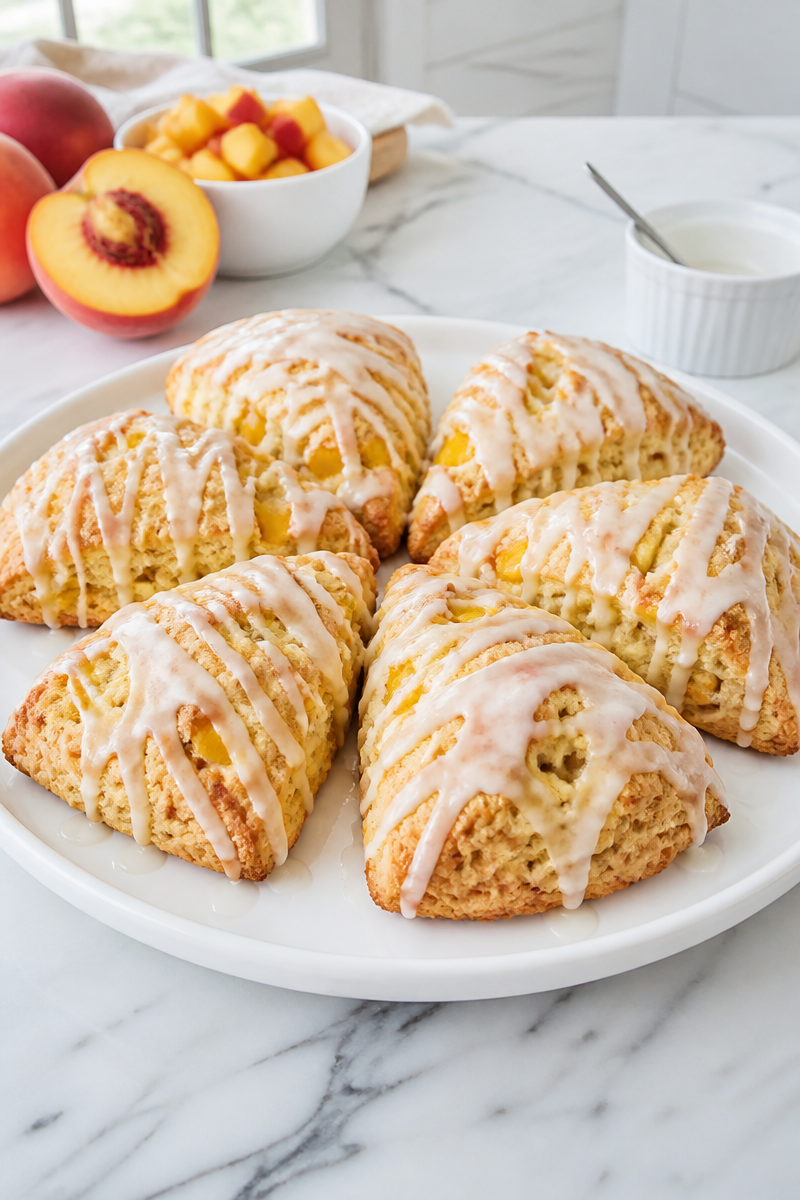 Sourdough Discard Peach Cobbler Scones with Vanilla Glaze Sourdough Discard Peach Cobbler Scones with Vanilla Glaze