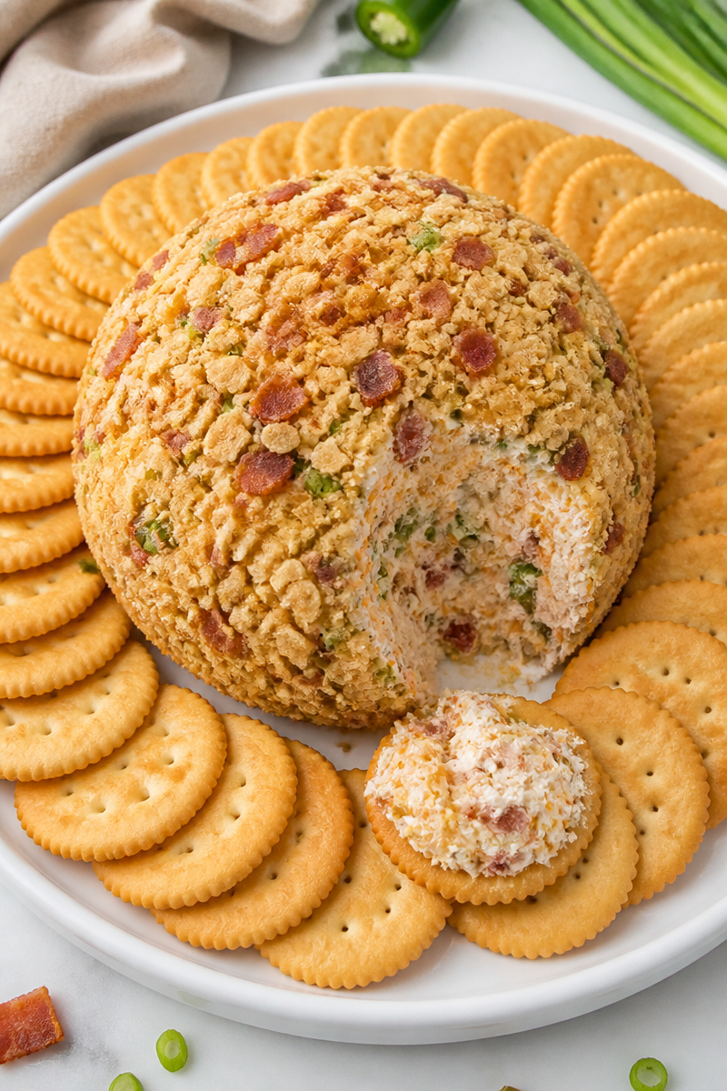 Spicy Bacon Jalapeno Popper Cheese Ball with Ritz Crackers