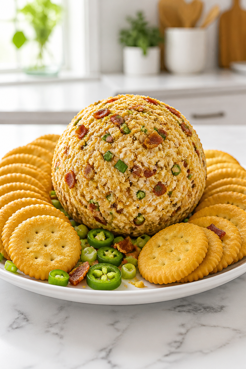Spicy Bacon Jalapeno Popper Cheese Ball with Ritz Crackers