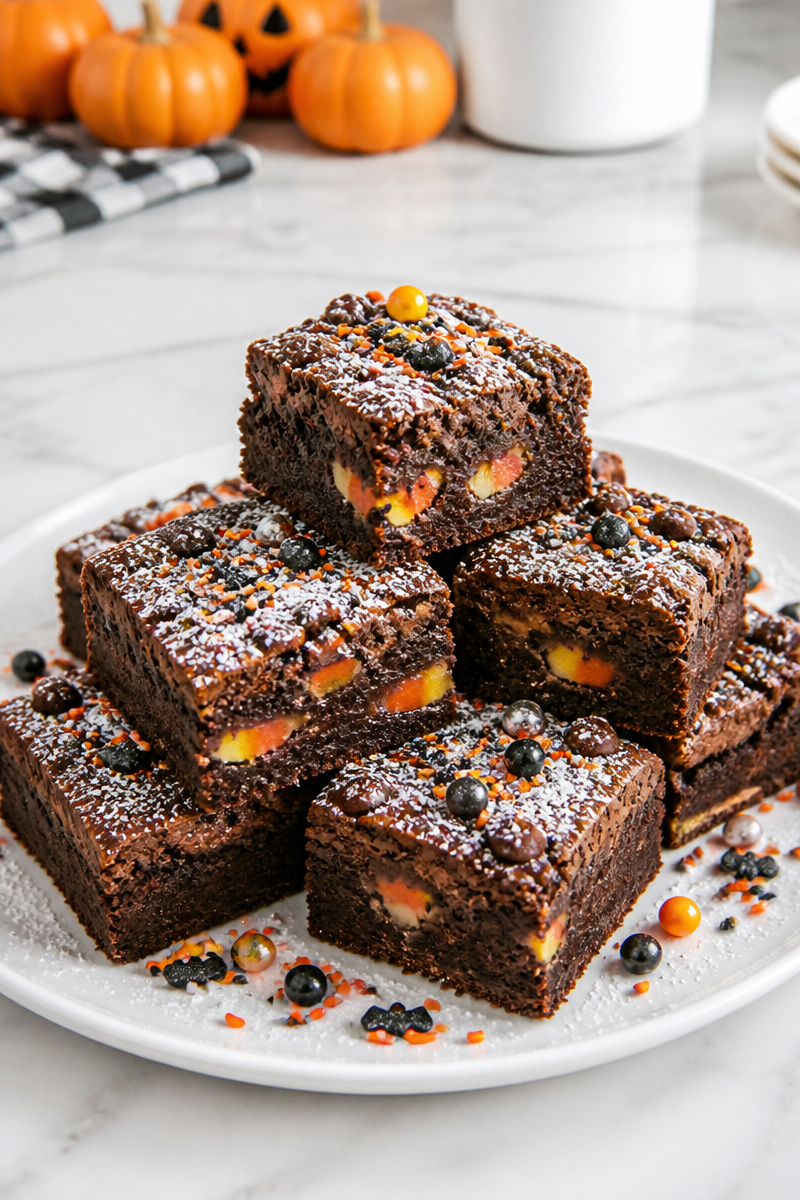 Spooky Candy Corn Stuffed Fudge Halloween Brownie Spooky Candy Corn Stuffed Fudge Halloween Brownie