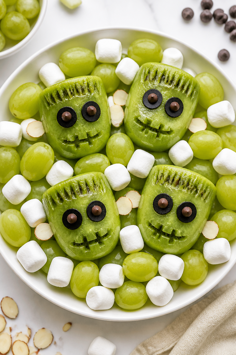 Spooky Frankenstein Kiwi And Grape Halloween Fruit Bowl Spooky Frankenstein Kiwi And Grape Halloween Fruit Bowl